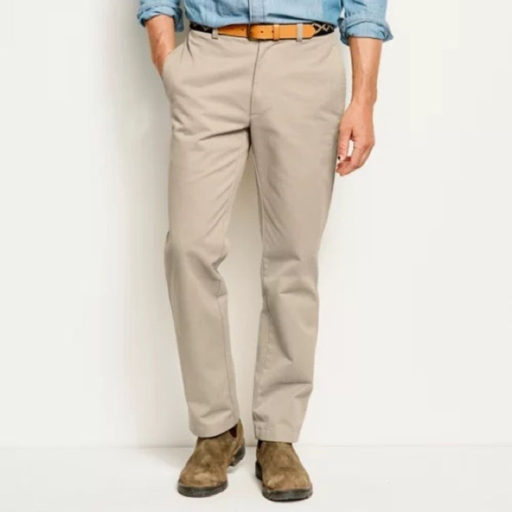 Orvis Mens Ultimate Khakis Pants 38x32 Sand Tan Cotton Twill Straight Flat Front